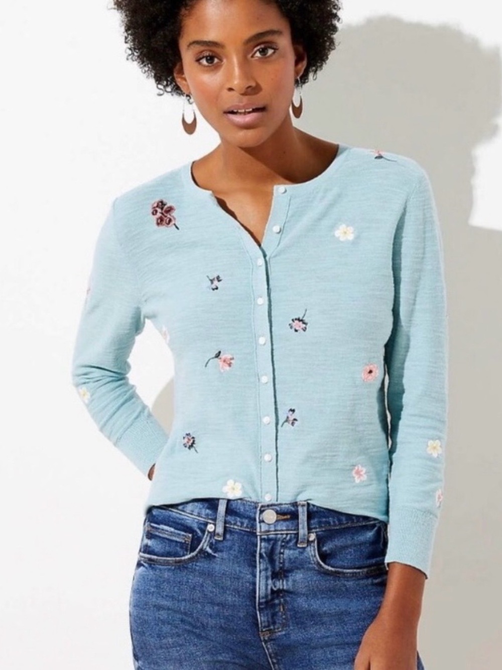 LOFT Petite Pale Blue Knit Embroidered Button Down Sweater Small Petite
